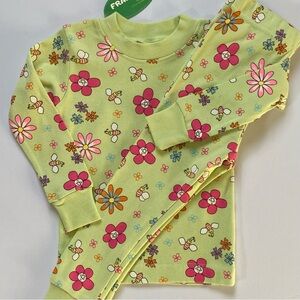 Flower pajamas Size 2T Girls NWT New 100% Cotton Long Johns Green Pink 2 Piece